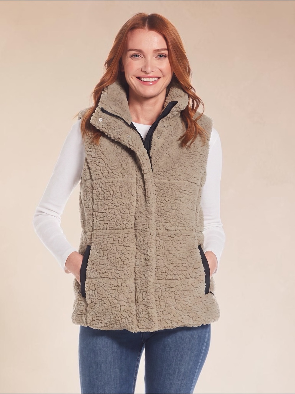 NWT WEATHERPROOF Womens Tan Sherpa Puffer Vest Dual Zipper Snap Closure, 3X